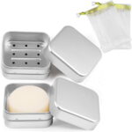 Pack of 2 Soap Boxes with Removable Draining Rack, Dingrich Aluminium Soap Box Square Soap Dish, Soap Container and Soap Bag for Home Bathroom Gym Travel Camping Hotel (3.1 x...