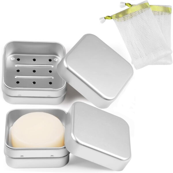 Pack of 2 Soap Boxes with Removable Draining Rack, Dingrich Aluminium Soap Box Square Soap Dish, Soap Container and Soap Bag for Home Bathroom Gym Travel Camping Hotel (3.1 x...
