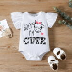 PatPat 3pcs Baby Girl 95% Cotton Letter Graphic Flutter-sleeve Romper and Bow Front Shorts & Headband Set