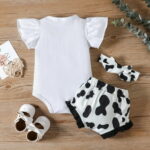 PatPat 3pcs Baby Girl 95% Cotton Letter Graphic Flutter-sleeve Romper and Bow Front Shorts & Headband Set
