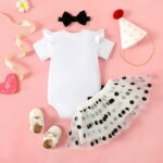 PatPat 3pcs Baby Girl 95% Cotton Ruffle Short-sleeve Letter & Cow Print Romper and Polka Dots Mesh Skirt & Headband Set