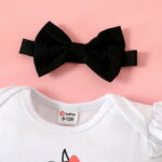 PatPat 3pcs Baby Girl 95% Cotton Ruffle Short-sleeve Letter & Cow Print Romper and Polka Dots Mesh Skirt & Headband Set
