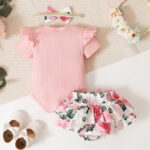 PatPat 3pcs Baby Girl 95% Cotton Short-Sleeve Letter Print Romper & Floral Print Layered Ruffled Shorts & Headband Set,0-18 Month