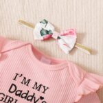 PatPat 3pcs Baby Girl 95% Cotton Short-Sleeve Letter Print Romper & Floral Print Layered Ruffled Shorts & Headband Set,0-18 Month