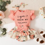 PatPat 3pcs Baby Girl 95% Cotton Short-Sleeve Letter Print Romper & Floral Print Layered Ruffled Shorts & Headband Set,0-18 Month