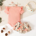 PatPat 3pcs Baby Girl 95% Cotton Short-Sleeve Letter Print Romper & Floral Print Layered Ruffled Shorts & Headband Set,0-18 Month
