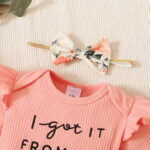 PatPat 3pcs Baby Girl 95% Cotton Short-Sleeve Letter Print Romper & Floral Print Layered Ruffled Shorts & Headband Set,0-18 Month
