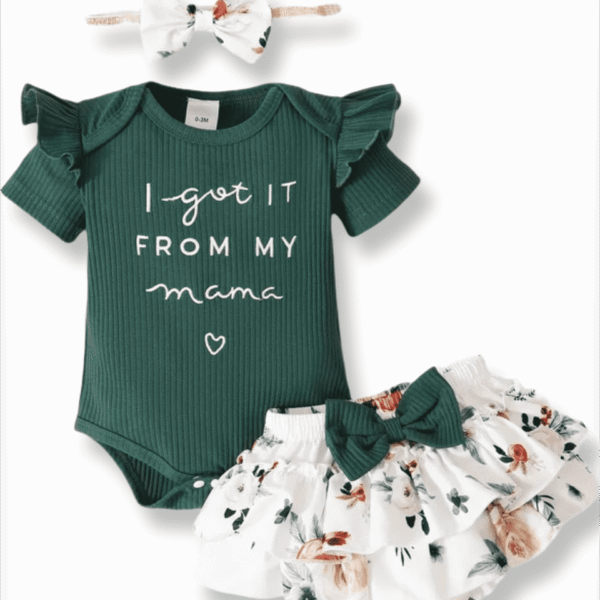 PatPat 3pcs Baby Girl 95% Cotton Short-Sleeve Letter Print Romper & Floral Print Layered Ruffled Shorts & Headband Set,0-18 Month