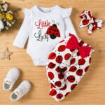 PatPat 3pcs Baby Girl Ladybug Long Sleeve Romper and Bowknot Trousers Set,Fall Clothes Newborn Outfit,0-18 Month