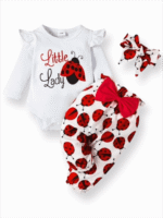PatPat 3pcs Baby Girl Ladybug Long Sleeve Romper and Bowknot Trousers Set,Fall Clothes Newborn Outfit,0-18 Month