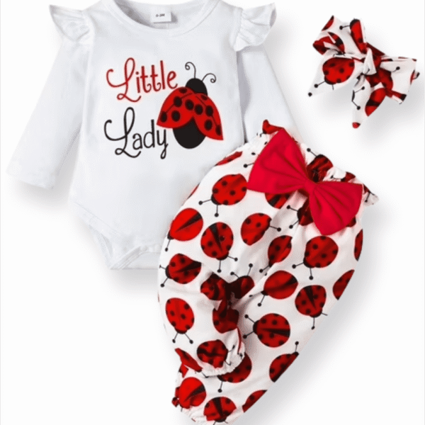 PatPat 3pcs Baby Girl Ladybug Long Sleeve Romper and Bowknot Trousers Set,Fall Clothes Newborn Outfit,0-18 Month