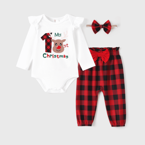 PatPat Baby Girl Christmas Outfit Long Sleeve My First Christmas Reindeer Romper Plaid Pants Headband Set Winter Clothes 6-9 Months