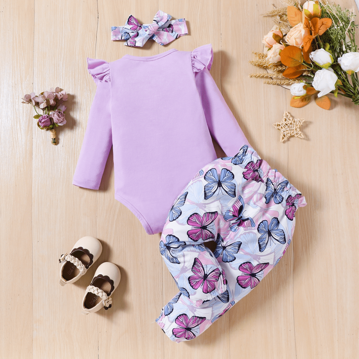 PatPat Baby Girl Clothes 3pcs Ladybug Letter Print Romper and Bowknot Trousers with Headband Set
