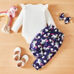PatPat Baby Girl Clothes Long Sleeve Romper Unicorn Print Pants Headband Outfit Set Birthday Gift Newborn Infant Girl Clothes 12-18 Months