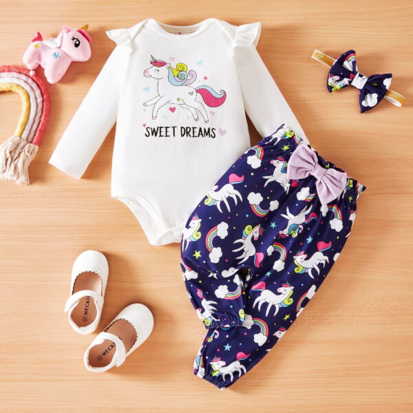 PatPat Baby Girl Clothes Long Sleeve Romper Unicorn Print Pants Headband Outfit Set Birthday Gift Newborn Infant Girl Clothes 12-18 Months