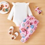 PatPat Baby Girl Outfit Set Long Sleeve Ruffle Bodysuit Donut Pants Cute Headband Sweet Pink Birthday Gift for Baby Girls 0-3 Months