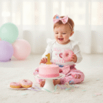 PatPat Baby Girl Outfit Set Long Sleeve Ruffle Bodysuit Donut Pants Cute Headband Sweet Pink Birthday Gift for Baby Girls 0-3 Months