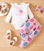 PatPat Baby Girl Outfit Set Long Sleeve Ruffle Bodysuit Donut Pants Cute Headband Sweet Pink Birthday Gift for Baby Girls 0-3 Months