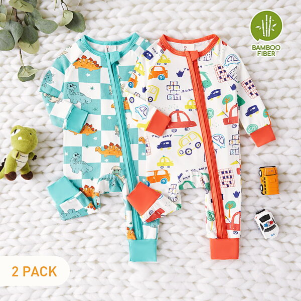 PatPat Bamboo Baby Pajamas Baby Girl Gifts Snug Fit Zipper Long-Sleeved Baby Bodysuits Sleepwear,2Pack,0-24 Months