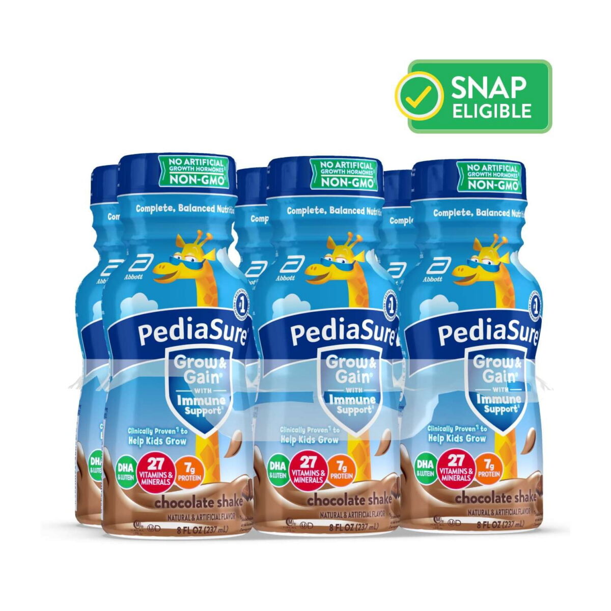 PediaSure Grow & Gain with Immune Support, 7g Protein, Chocolate, 8-fl-oz Bottle, 6 Shakes