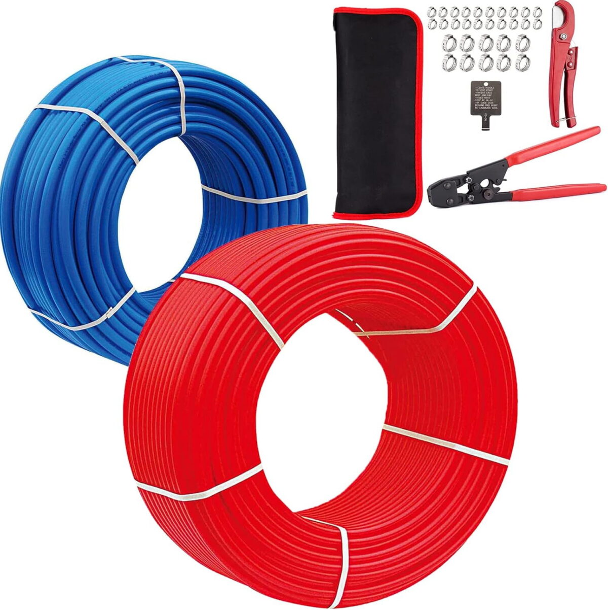 PEX-B Pipe/Tool Kit,1/2 Inch 2 Rolls Blue & Red Each 100 Feet (200 ft) PEX Tubing Pipes with Crimping Tool,Cinch Clamps,Cutter,for Potable Hot/Cold Water Plumbing Application