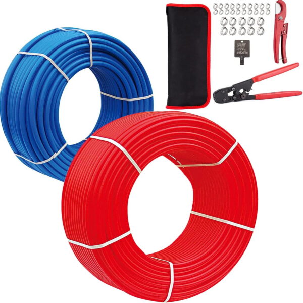 PEX-B Pipe/Tool Kit,1/2 Inch 2 Rolls Blue & Red Each 100 Feet (200 ft) PEX Tubing Pipes with Crimping Tool,Cinch Clamps,Cutter,for Potable Hot/Cold Water Plumbing Application
