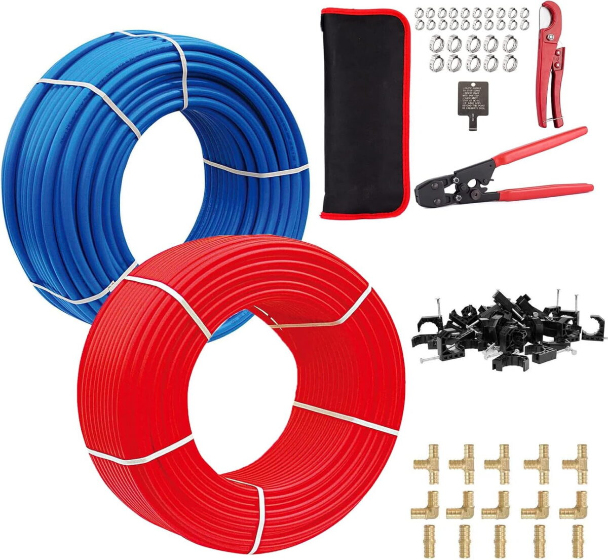 PEX Pipe/Tool Kit, 1/2 Inch 2 Rolls Blue & Red Each 100 Feet (200 ft) PEX Tubing Pipes with Brass Fittings, Crimping Tool, Cinch Clamps, Cutter, J-Clamps, for Plumbing Job