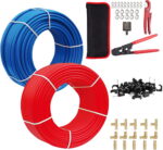 PEX Pipe/Tool Kit, 1/2 Inch 2 Rolls Blue & Red Each 100 Feet (200 ft) PEX Tubing Pipes with Brass Fittings, Crimping Tool, Cinch Clamps, Cutter, J-Clamps, for Plumbing Job