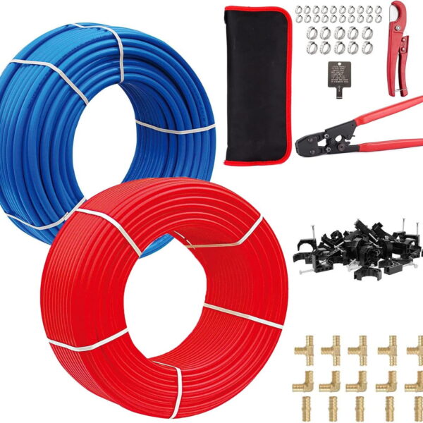 PEX Pipe/Tool Kit, 1/2 Inch 2 Rolls Blue & Red Each 100 Feet (200 ft) PEX Tubing Pipes with Brass Fittings, Crimping Tool, Cinch Clamps, Cutter, J-Clamps, for Plumbing Job