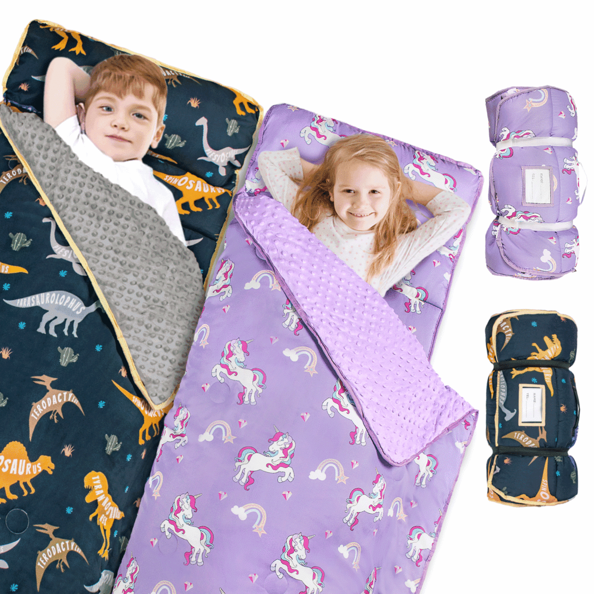 Primlect Nap Mat, 55" x 22" x 2", 2-Pack Thickened Sleeping Bag for Daycare, Dinosaur, Purple Unicorn