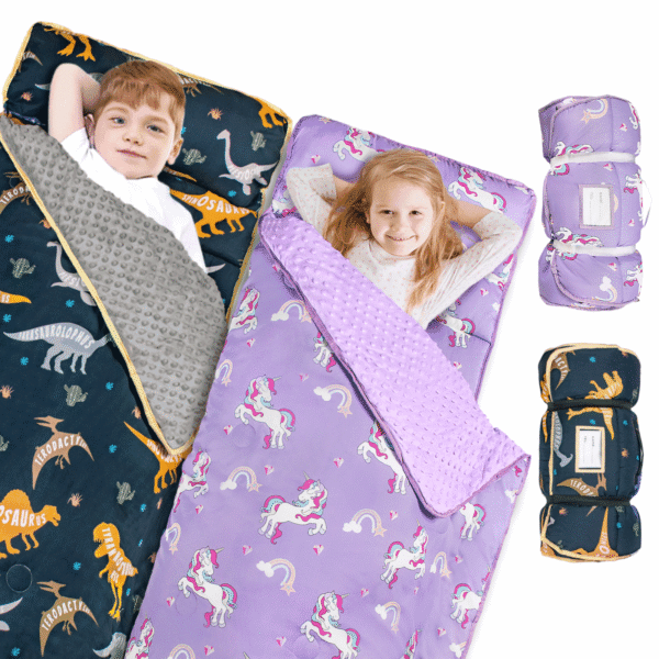 Primlect Nap Mat, 55" x 22" x 2", 2-Pack Thickened Sleeping Bag for Daycare, Dinosaur, Purple Unicorn