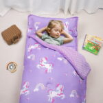 Primlect Nap Mat, 55" x 22" x 2", 2-Pack Thickened Sleeping Bag for Daycare, Dinosaur, Purple Unicorn