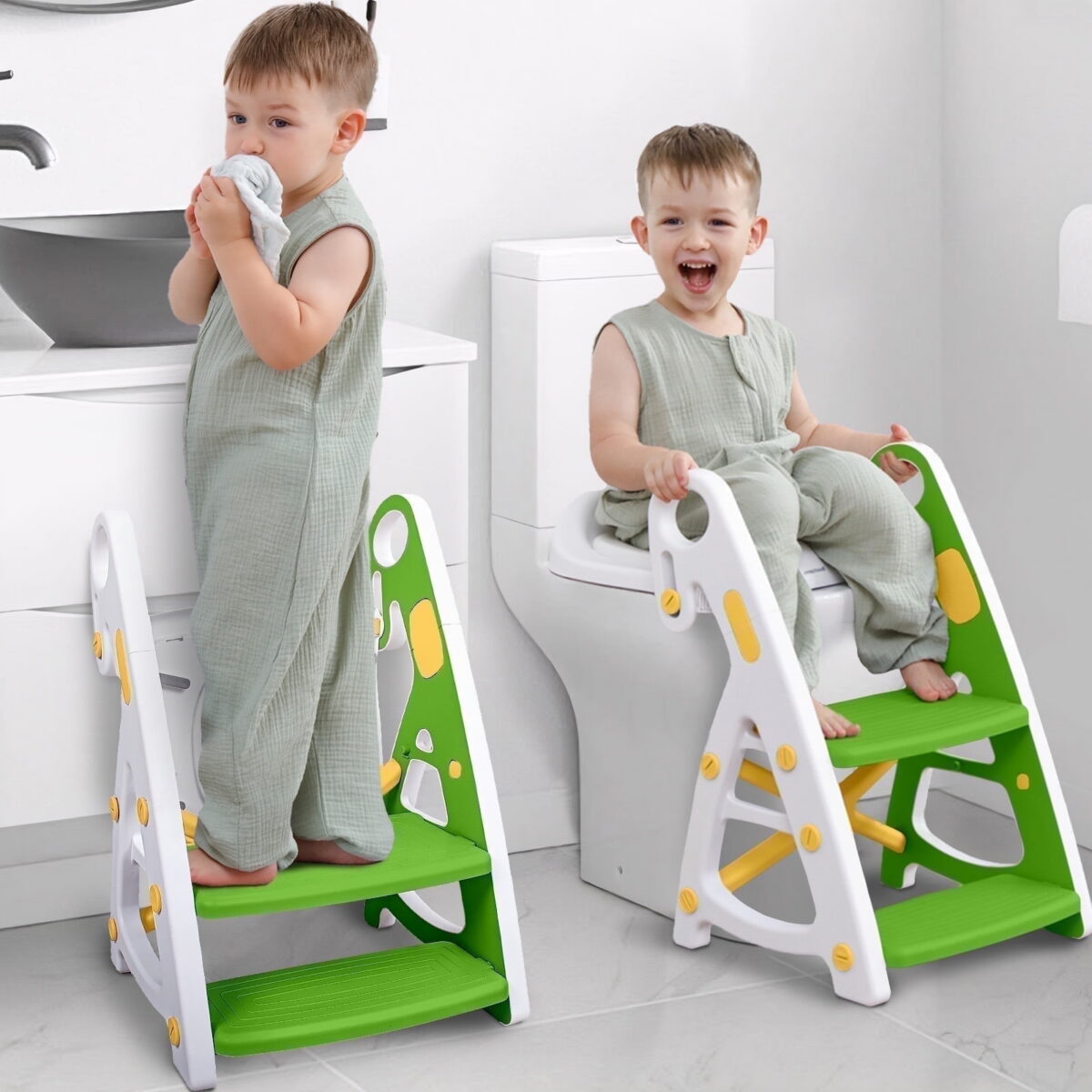 Primlect Potty Training Toilet Seat, 2 in 1 with Ladder, Adjustable Height ,for Ages 1-7, Green