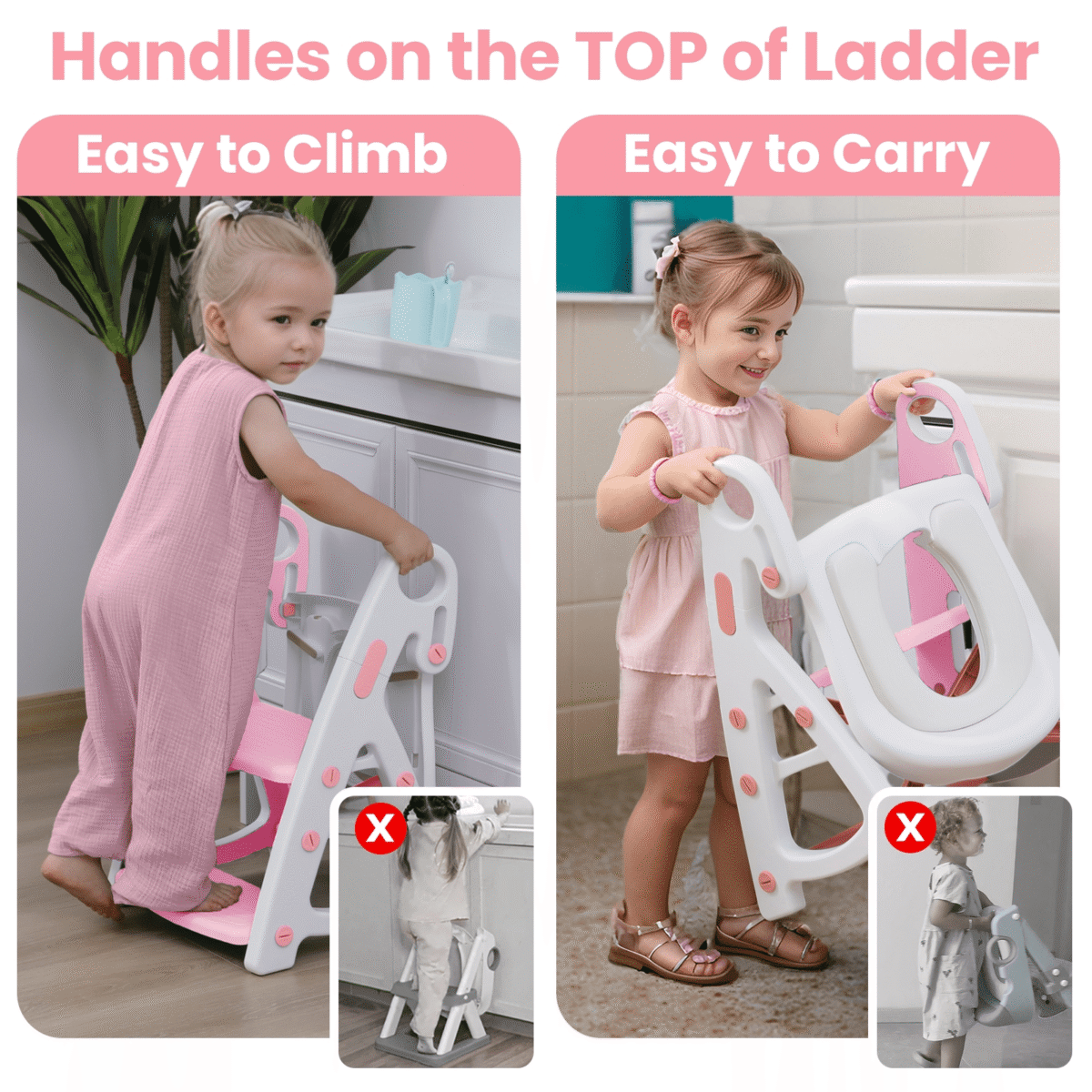 Primlect Potty Training Toilet Seat, 2 in 1 with Ladder, Adjustable Height ,for Ages 1-7, Light Pink