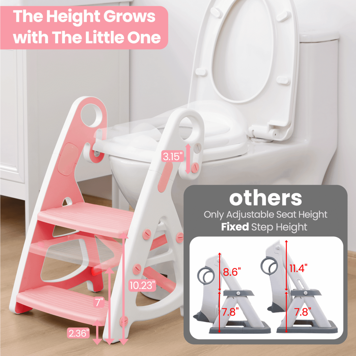 Primlect Potty Training Toilet Seat, 2 in 1 with Ladder, Adjustable Height ,for Ages 1-7, Light Pink