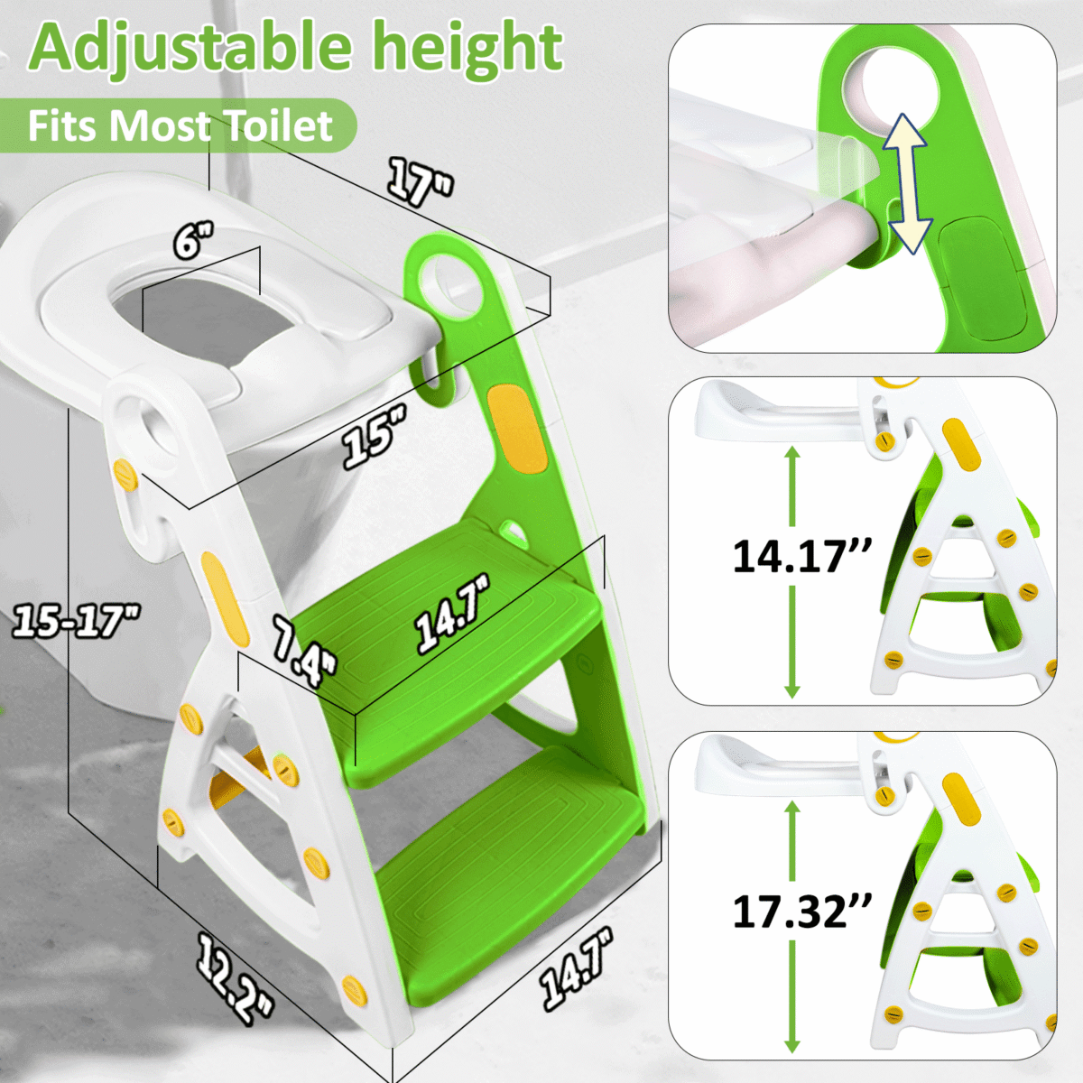 Primlect Potty Training Toilet Seat, 2 in 1 with Ladder, Adjustable Height ,for Ages 1-7, Green