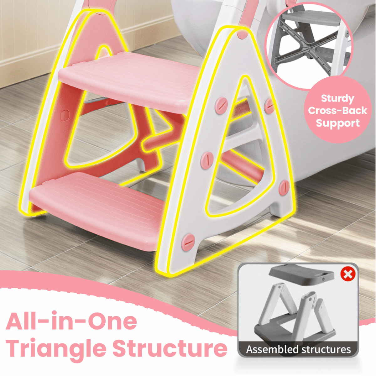 Primlect Potty Training Toilet Seat, 2 in 1 with Ladder, Adjustable Height ,for Ages 1-7, Light Pink