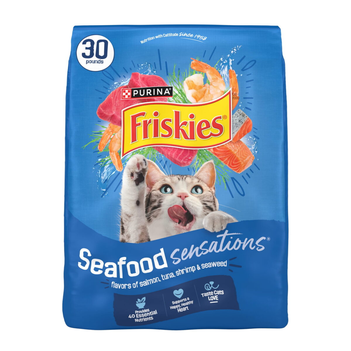 Purina Friskies Dry Cat Food Seafood Sensations With Salmon, Tuna, and Shrimp Flavors, 30 lb Bag