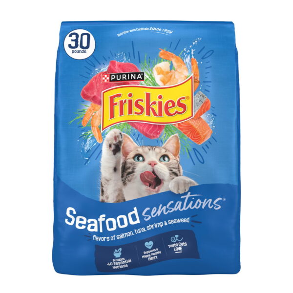 Purina Friskies Dry Cat Food Seafood Sensations With Salmon, Tuna, and Shrimp Flavors, 30 lb Bag