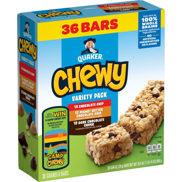 Quaker Chewy Granola Bars, 3 Flavor Variety Pack, 30.4 oz, 36 Count