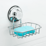 SANNO Suction Cup Soap Dish Holder with Hook, Soap Saver Soap Holder Soap Tray Bar Soap Sponge Holder for Shower, Bathroom, Tub and Kitchen Sink,Silver,Metal
