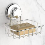 SANNO Suction Cup Soap Dish Holder with Hook, Soap Saver Soap Holder Soap Tray Bar Soap Sponge Holder for Shower, Bathroom, Tub and Kitchen Sink,Silver,Metal