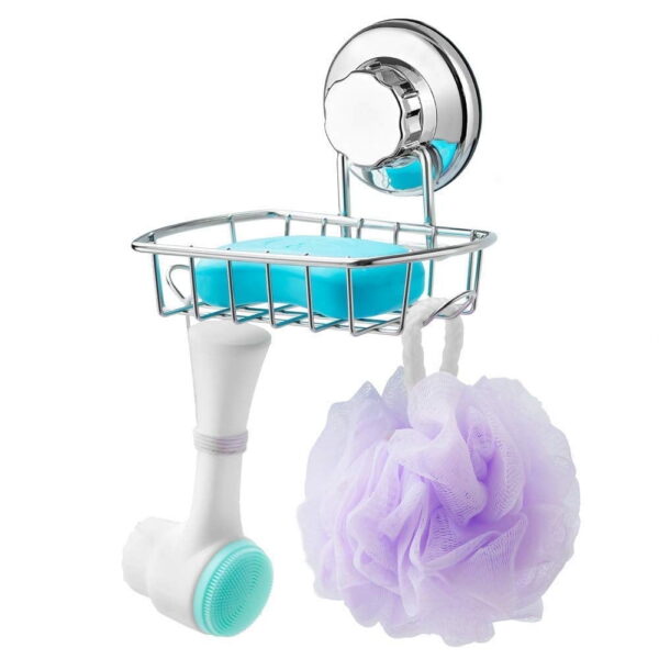 SANNO Suction Cup Soap Dish Holder with Hook, Soap Saver Soap Holder Soap Tray Bar Soap Sponge Holder for Shower, Bathroom, Tub and Kitchen Sink,Silver,Metal