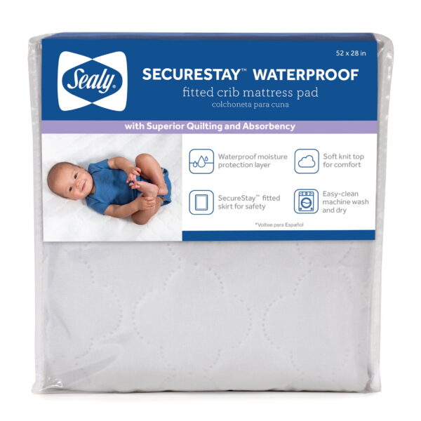 Sealy SecureStay Waterproof Crib Mattress Pad, Easy Clean Washable, Crib/Toddler Bed, White