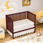 SESSLIFE 5-In-1 Convertible Crib, Cherry Baby Bed, Converts from Baby Crib to Toddler Bed, Fits Standard Full-Size Crib Mattress(Not Included)