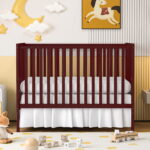 SESSLIFE 5-In-1 Convertible Crib, Cherry Baby Bed, Converts from Baby Crib to Toddler Bed, Fits Standard Full-Size Crib Mattress(Not Included)