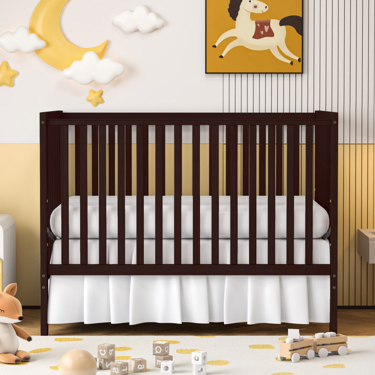 SESSLIFE 5-In-1 Convertible Crib, Espresso Baby Bed, Converts from Baby Crib to Toddler Bed, Fits Standard Full-Size Crib Mattress(Not Included)