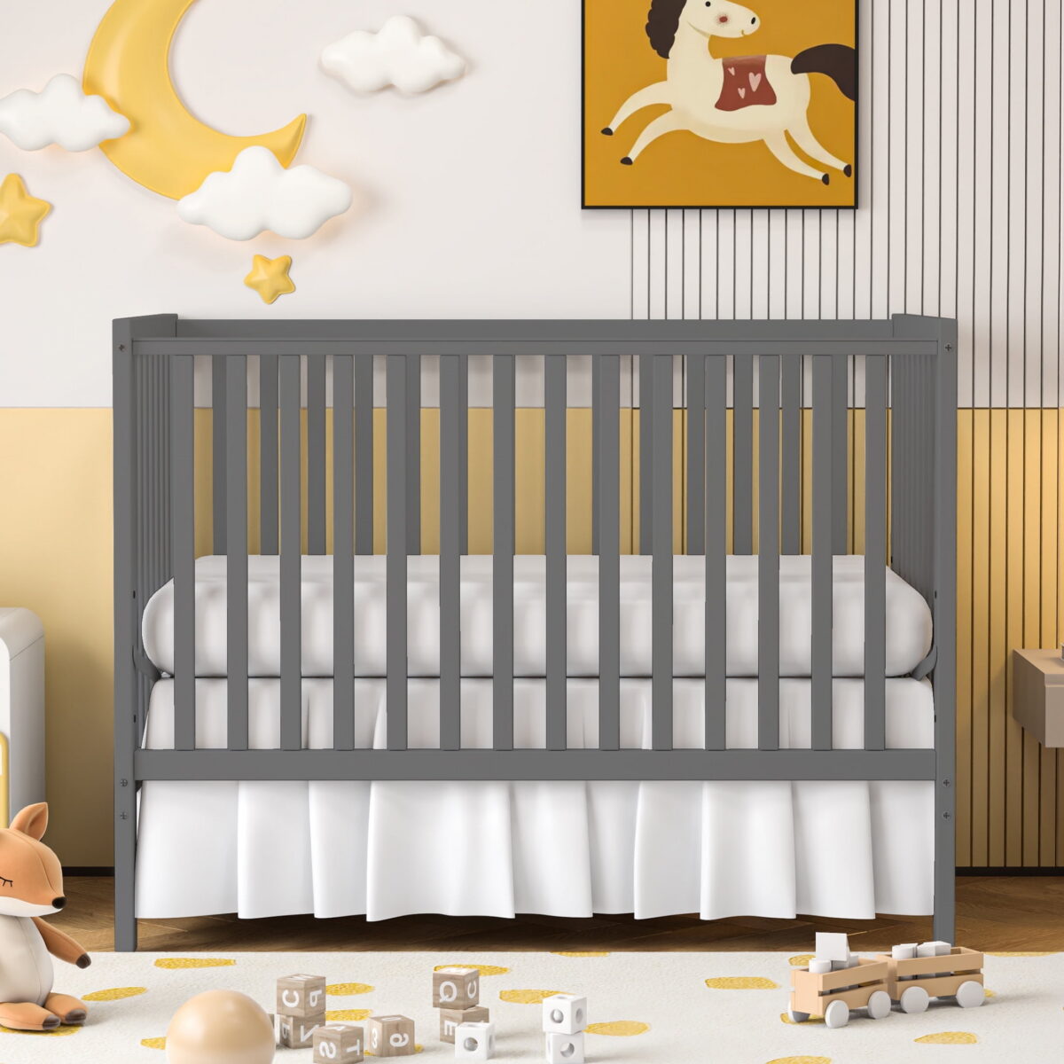 SESSLIFE 5-In-1 Convertible Crib, Gray Baby Bed, Converts from Baby Crib to Toddler Bed, Fits Standard Full-Size Crib Mattress(Not Included)