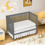 SESSLIFE 5-In-1 Convertible Crib, Gray Baby Bed, Converts from Baby Crib to Toddler Bed, Fits Standard Full-Size Crib Mattress(Not Included)