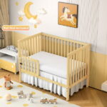 SESSLIFE 5-In-1 Convertible Crib, Natural Baby Bed, Converts from Baby Crib to Toddler Bed, Fits Standard Full-Size Crib Mattress(Not Included)